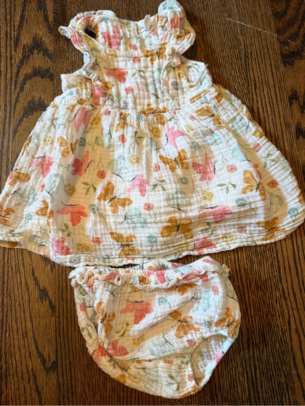 Angel Dear Floral Muslin Dress & Bloomers in White, Pink & Gold